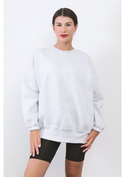 Kadın Oversize Kar Melanj Sweatshirt Pamuk Karışım Bisiklet Yaka Ribanalı Lastikli Kol Detay - 2573