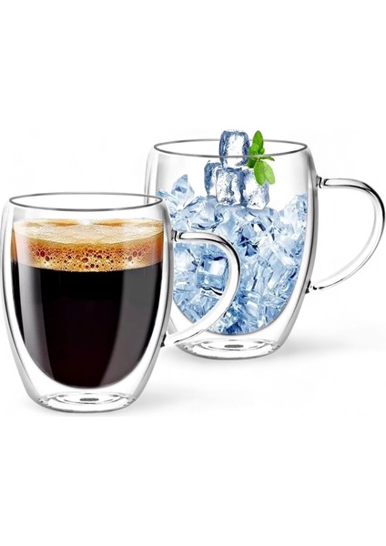 Tilbe Home Çift Cidarlı Bardak Kupa 350 ml Ev Ofis Espresso Kahve Çay Fincanı Borosilikat Kulplu Cam Bardak