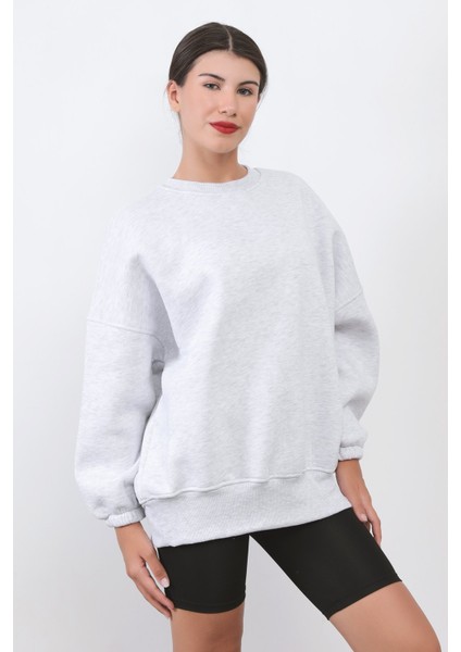 Kadın Oversize Kar Melanj Sweatshirt Pamuk Karışım Bisiklet Yaka Ribanalı Lastikli Kol Detay - 2573