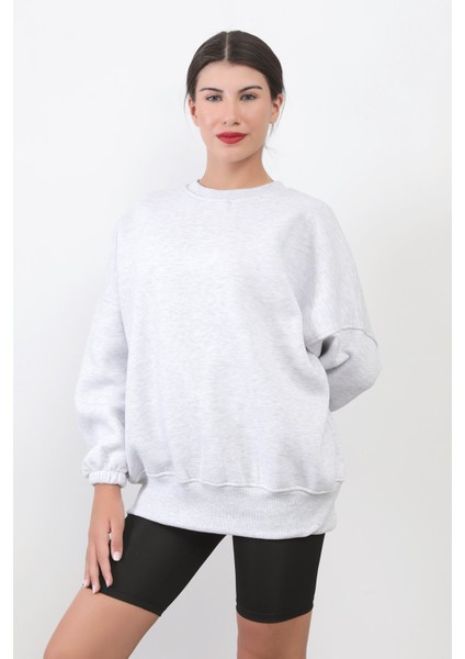 Kadın Oversize Kar Melanj Sweatshirt Pamuk Karışım Bisiklet Yaka Ribanalı Lastikli Kol Detay - 2573