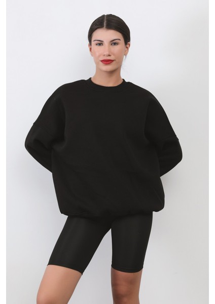 Kadın Oversize Siyah Sweatshirt Pamuk Karışım Bisiklet Yaka Ribanalı Lastikli Kol Detay - 2573