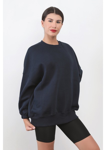 Kadın Oversize Lacivert Sweatshirt Pamuk Karışım Bisiklet Yaka Ribanalı Lastikli Kol Detay - 2573