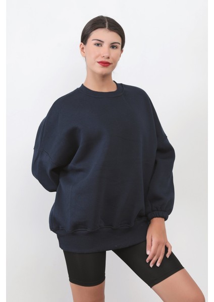 Kadın Oversize Lacivert Sweatshirt Pamuk Karışım Bisiklet Yaka Ribanalı Lastikli Kol Detay - 2573