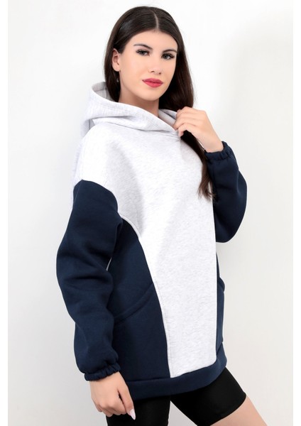 Kadın Kapüşonlu Oversize Sweatshirt Kar Melanj Garnili Üç İplik Yan Cepli Hoodie - 2598