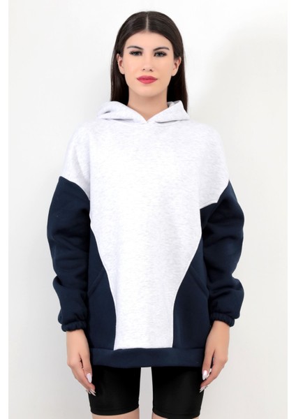 Kadın Kapüşonlu Oversize Sweatshirt Kar Melanj Garnili Üç İplik Yan Cepli Hoodie - 2598