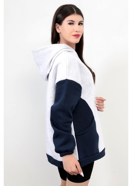 Kadın Kapüşonlu Oversize Sweatshirt Kar Melanj Garnili Üç İplik Yan Cepli Hoodie - 2598