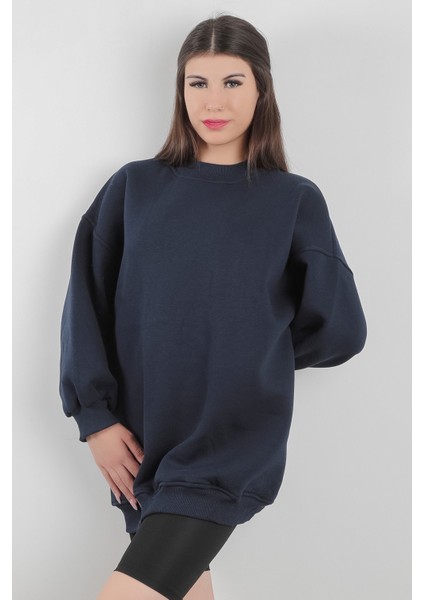 Lacivert Dik Yaka Üç İplik Pamuk Karışımlı Kadın Oversize Sweatshirt - 2523