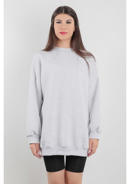 Kar Melanj Dik Yaka Üç İplik Pamuk Karışımlı Kadın Oversize Sweatshirt - 2523