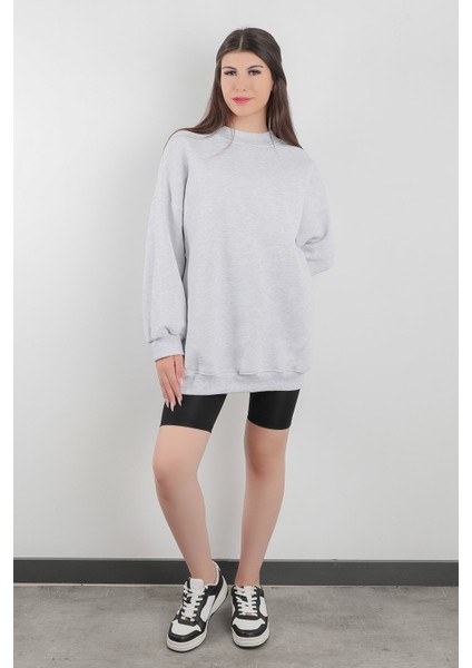 Kar Melanj Dik Yaka Üç İplik Pamuk Karışımlı Kadın Oversize Sweatshirt - 2523