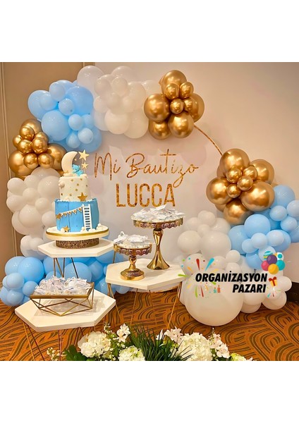 Zincir Balon Seti Makaron Mavi-Beyaz-Krom Gold 3 Renk 100 Adet +Balon Şeridi