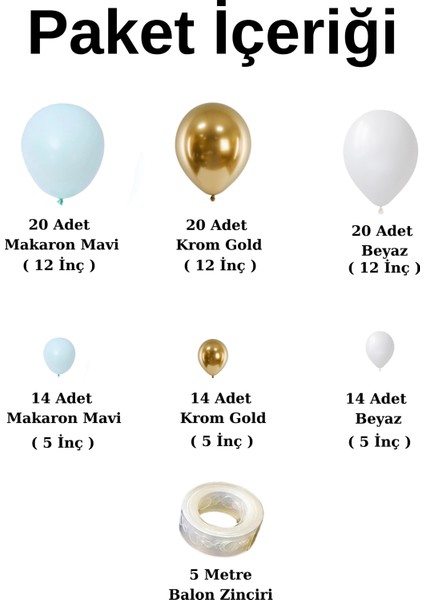 Zincir Balon Seti Makaron Mavi-Beyaz-Krom Gold 3 Renk 100 Adet +Balon Şeridi fiyatları