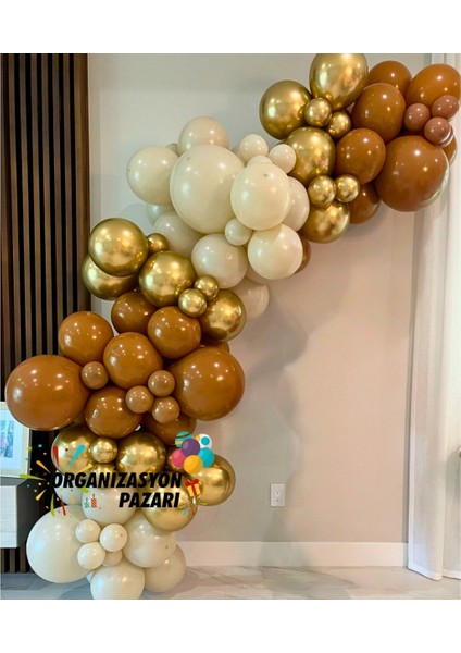 Balon Seti Retro Beyaz-Krom Gold-Karamel 100 Lü Balon Zinciri Seti