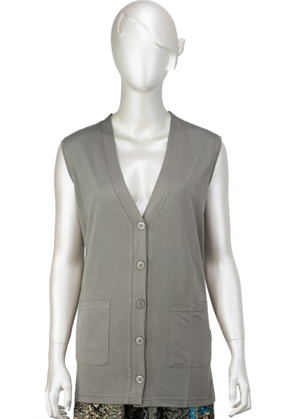 Kadın Glorya Penye Kumaş Anne Yelek Düz Renk Uzun Kollu Cepli Likrasız Rahat Kesim Tam Kalıp