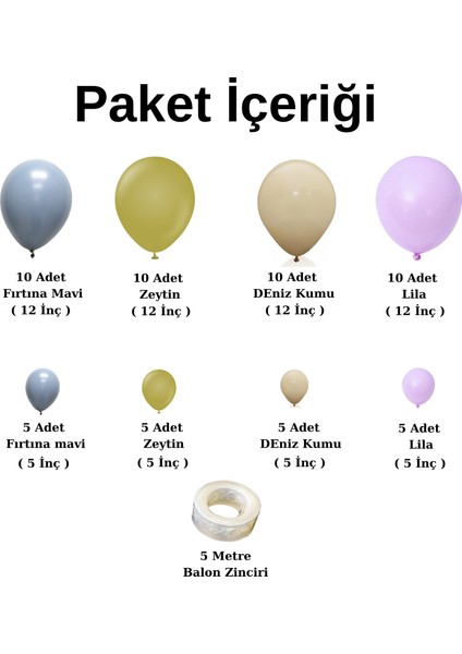 Balon Seti Fırtına Mavisi-Zeytin-Deniz Kumu-Lila 60 Lı Balon Zinciri Seti fiyatları