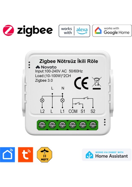 Zigbee Çift Çıkışlı Nötrsüz Akıllı Röle ( Tuya - Smart Life Uyumlu )