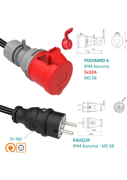 5X32A 380V-450V ile Çalışan Cihazınızı, 220V Ev Tipi Prize Bağlar. Elektrikli Araç Şarj Kablosu Dönüştürücü Adaptör