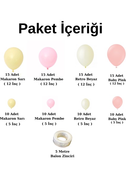 Balon Seti Makaron Sarı-Makaron Pembe-Retro Beyaz-Baby Pink 100 Lü Balon Zinciri Seti fiyatları