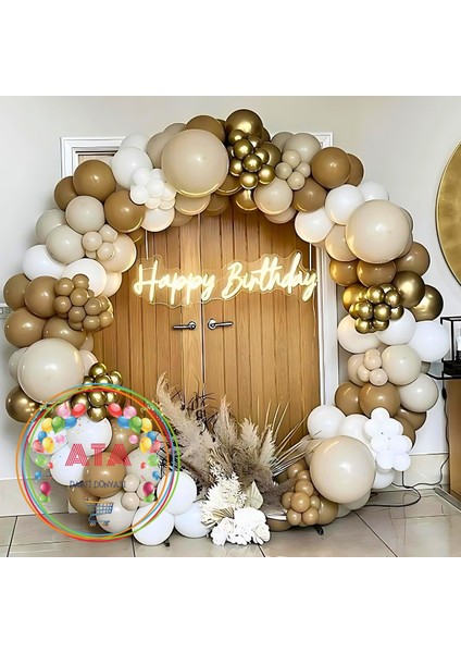 ^^ Doğum Günü Konsepti *Krom Gold*Karamel*Deniz Kumu*Beyaz* 100 lü Balon Zinciri Parti Seti