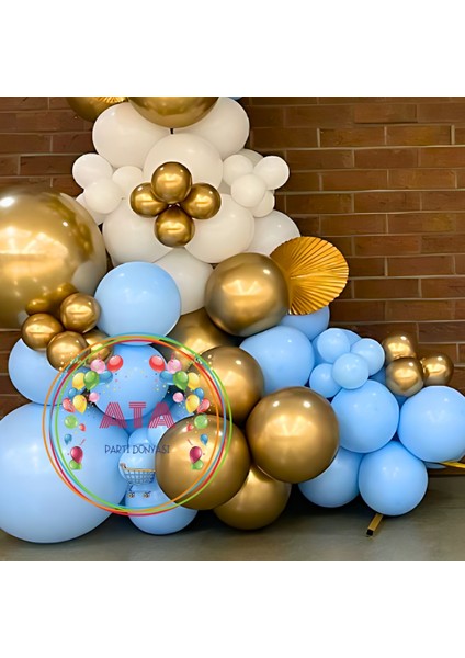 ^^ Doğum Günü Konsepti *Makaron Mavi*Beyaz*Krom Gold* 100 lü Balon Zinciri Parti Seti modelleri