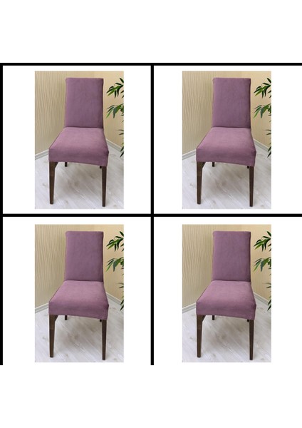 4 Adet Süet Detaylı Angora Kumaş Sandalye Kılıfı Yıkanabilir Likralı Esnek Lastikli, Sandalye Örtü