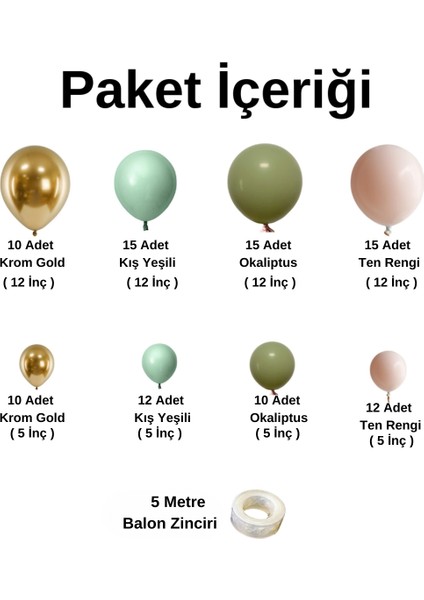 ^^ Doğum Günü Konsepti *Krom Gold*Kış Yeşili*Okaliptus*Ten Rengi* 100 lü Balon Zinciri Parti Seti