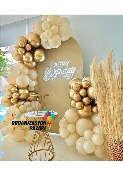 Balon Seti Krom Gold-Retro Beyaz 100 Lü Balon Zinciri Seti