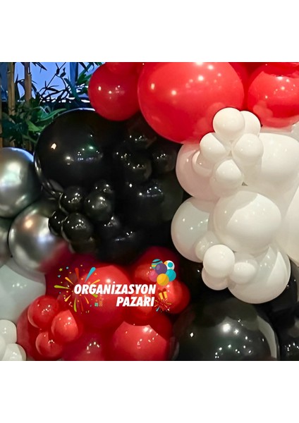 Balon Seti Kırmızı-Siyah-Krom Gümüş 100 Lü Balon Zinciri Seti