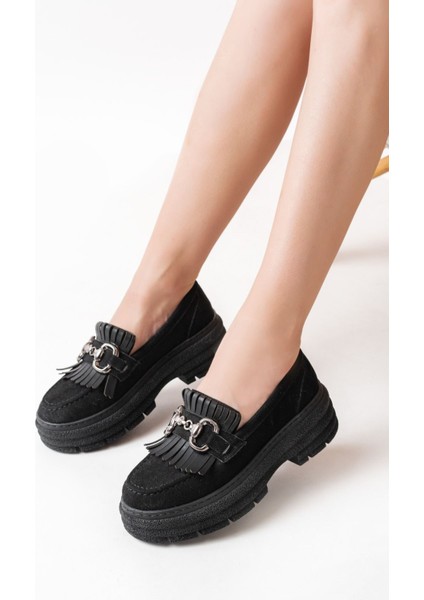 Siyah Süet Tokalı Günlük Yüksek Tabanlı Loafer Ayakkabı - Kopya