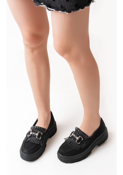 Siyah Süet Tokalı Günlük Yüksek Tabanlı Loafer Ayakkabı - Kopya fiyatları