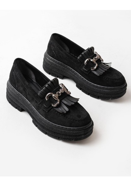 Siyah Süet Tokalı Günlük Yüksek Tabanlı Loafer Ayakkabı - Kopya indirimleri