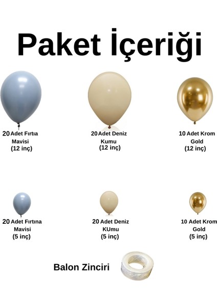 ^^ Doğum Günü Konsepti *Fırtına Mavisi*Deniz Kumu*Krom Gold* 100 lü Balon Zinciri Parti Seti
