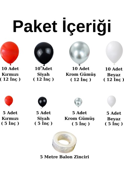 Balon Seti Kırmızı-Siyah-Krom Gümüş 60 Lı Balon Zinciri Seti