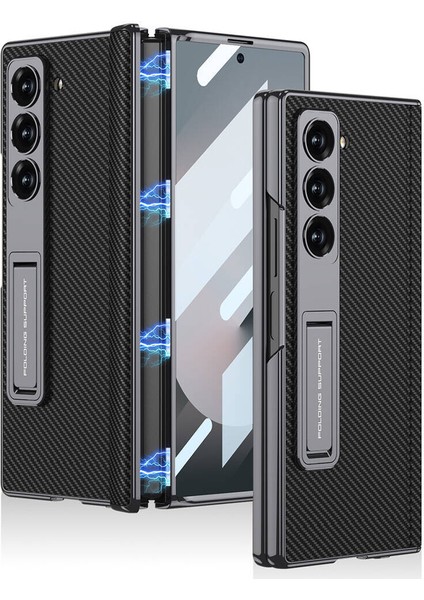 Samsung Galaxy Z Fold 6 Kılıf Kapaklı Karbon Desenli Önü Camlı Manyetik Kılıf