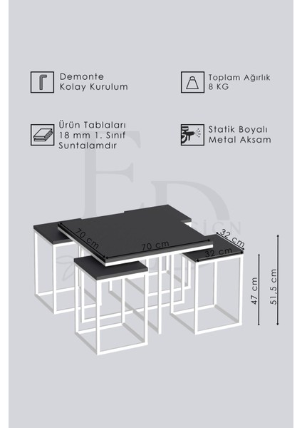 Lizbon 4+1 Kare Sehpa Takımı Gümüş Metal - Siyah Mermer Tabla