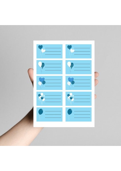 Isimlikli Mavi Balonlar Okul Etiketi Stickerı, 6.4x3.5 cm (5 Sayfa)