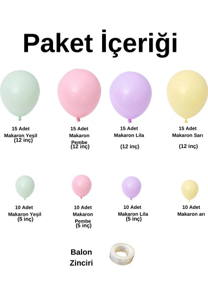 ^^ Doğum Günü Konsepti Makaron Set *Yeşil*Pembe*Lila*Sarı* 100 lü Balon Zinciri Parti Seti