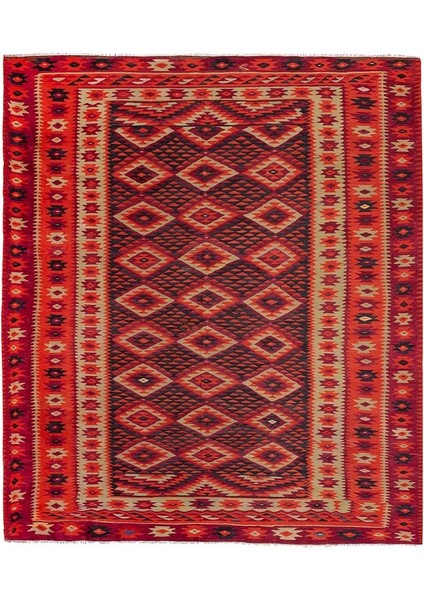 El Dokuma Geometrik Desenli Uzun Yolluk Kilim 303 x 352 cm