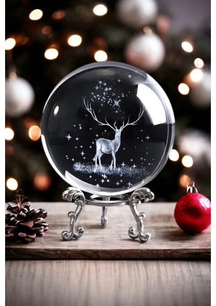 Dekoratif Metal Ayaklı Geyik Tasarımlı 3D Cam Küre Standlı Christmas Ren Geyiği