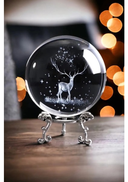 Dekoratif Metal Ayaklı Geyik Tasarımlı 3D Cam Küre Standlı Christmas Ren Geyiği
