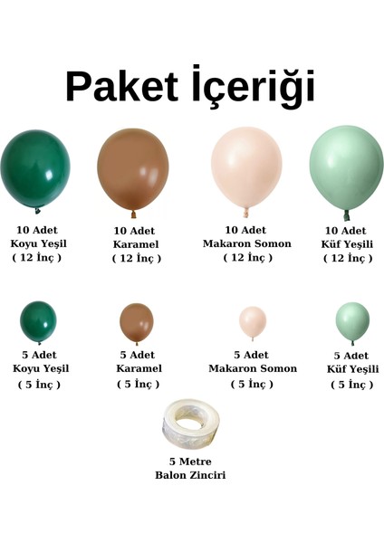 Organizasyon Pazarı Balon Seti Koyuyeşil-Karamel-Makaron Somon-Küf Yeşili 60 Lı Balon Zinciri Seti