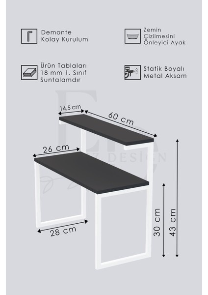 Akik 2 Raflı Metal Çok Amaçlı Mutfak Rafı / Tezgah Üstü Raf Siyah Metal - Atlantik Çam Tabla