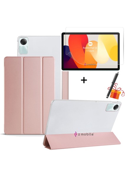 Redmi Pad Se 11" Tablet Kılıfı Ekran Koruyucu Kalem 3'lü Set Kapaklı Standlı Arkası Sert Transparan Kılıf