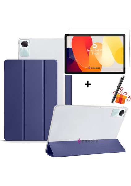 Redmi Pad Se 11" Tablet Kılıfı Ekran Koruyucu Kalem 3'lü Set Kapaklı Standlı Arkası Sert Transparan Kılıf