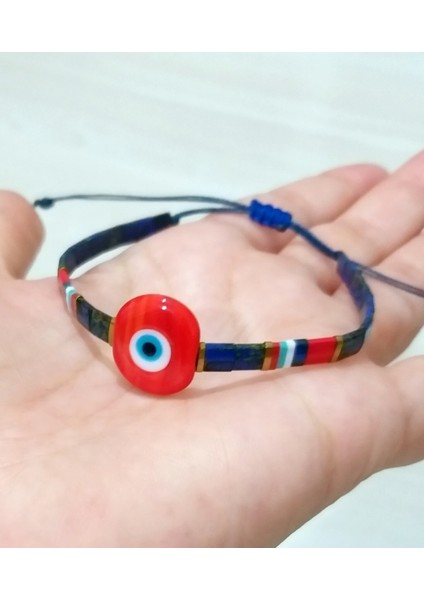 Kırmızı Murano Cam Nazar Boncuklu Hematit Doğaltaşlı Desenli Lacivert Miyuki Tila Bileklik modelleri