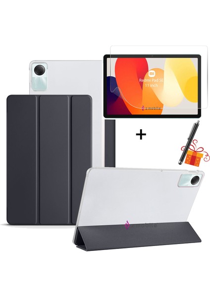 Redmi Pad Se 11" Tablet Kılıfı Ekran Koruyucu Kalem 3'lü Set Kapaklı Standlı Arkası Sert Transparan Kılıf