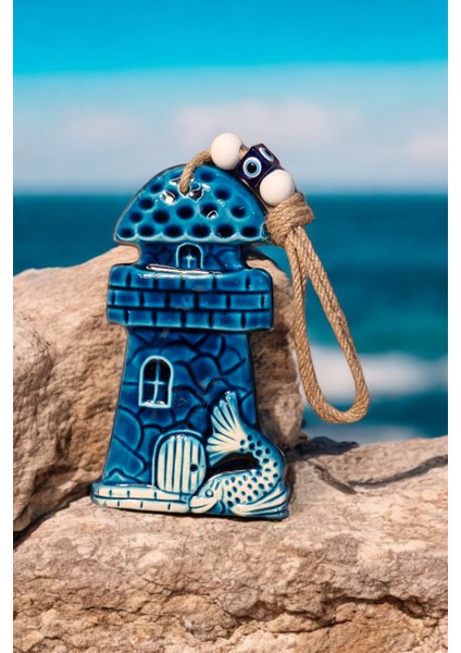 Nazar Boncuklu Seramik Deniz Feneri Desenli Büyük Balık Dekoratifli Çok Amaçlı Süs Eşyası 11X20 cm modelleri