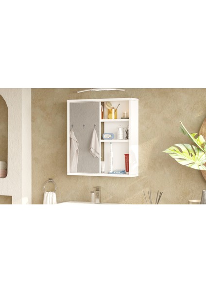 Dunes Aynalı Lavabo Üstü Banyo Dolabı Raflı Kapaklı 60CM Beyaz Ds1-W