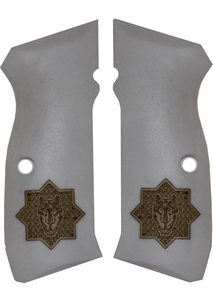 Yıldız Içinde Kurt Figürlü Sarı Metal Armalı Pleksi Tabanca Kabzesi