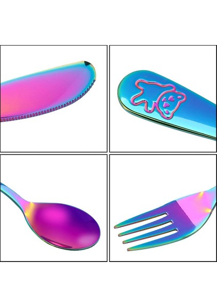 Paslanmaz Çelik Çocuk Çatal Kaşık Bıçak Seti + Saklama Kutusu Ayı Figürlü (5 Parça) modelleri