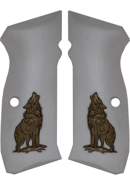 Çift Kurt Temalı Sarı Metal Armalı Beyaz Pleksi Tabanca Kabzesi